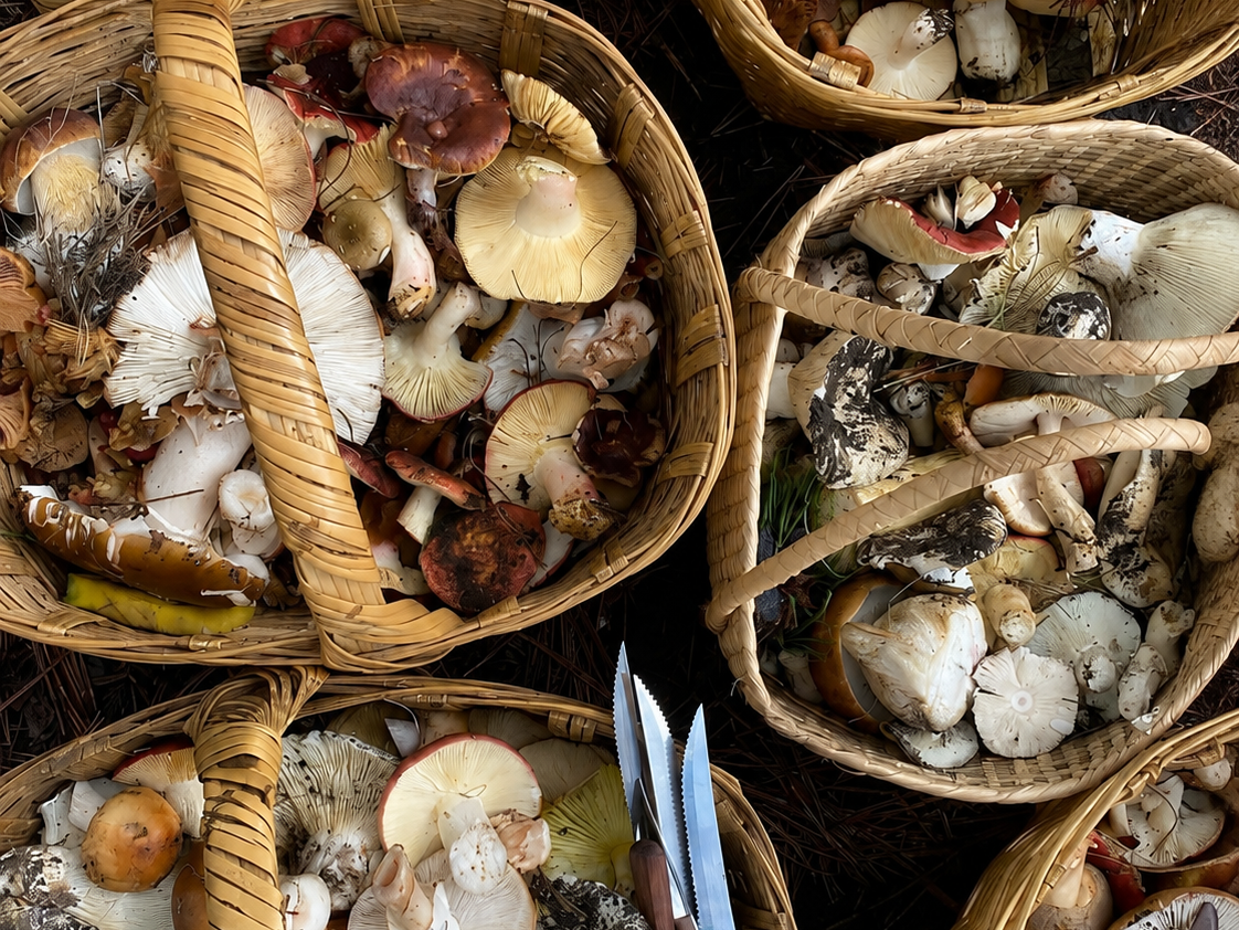 Foraged mushrooms in baskets